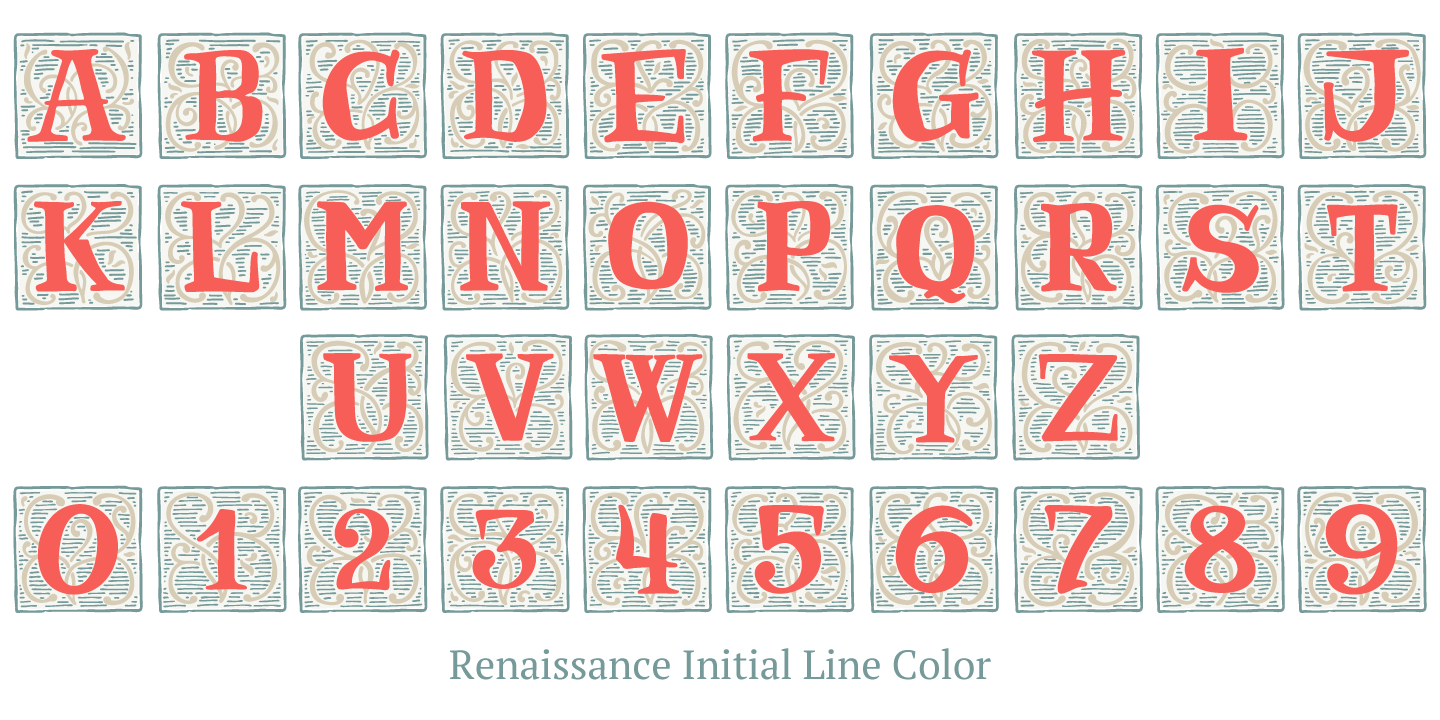 Ejemplo de fuente Renaissance Initial Dots White